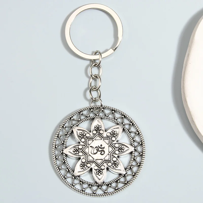 Alloy Keychain Round Carved Mandala Key Ring OM OHM YOGA Symbol Key Chains Souvenir Gifts For Women Men DIY Handmade Jewelry