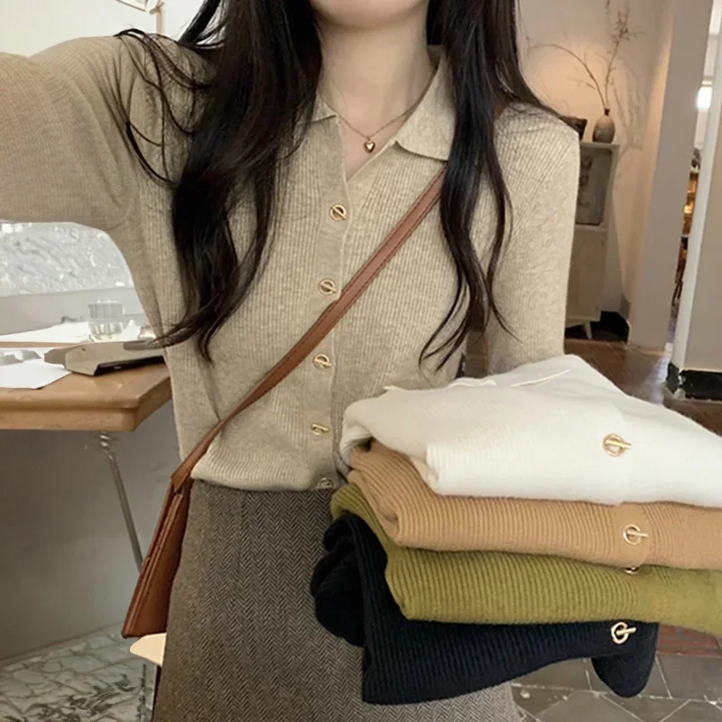 

Women's Cardigan Sweater Vintage Lapel Button-Down Long Sleeve Single Breasted Knit Jacket Teen-girl Retro Knitwear Outfit