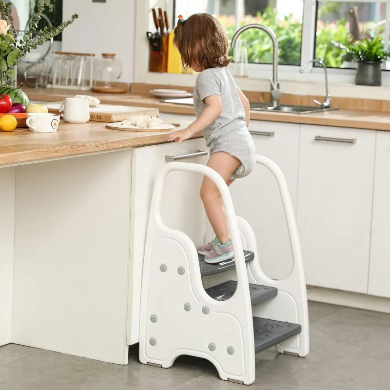 3 Step Stool for Kitchen Counter Book Shelf Bathroom Sink Toilet Potty Training with Handles Toilet Stool Wide Step (Gray)