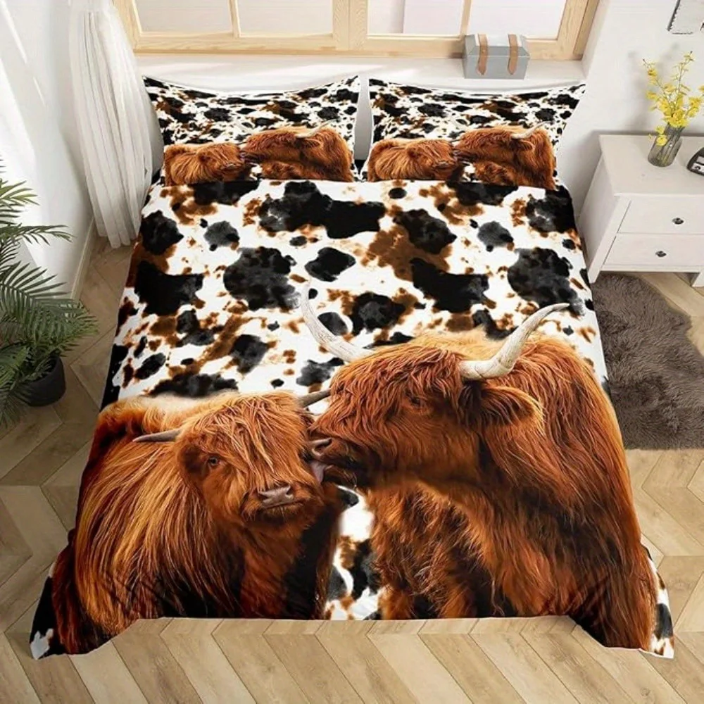 

Highland Cattle Duvet Cover Queen Size, Farmhouse Western Wild Animal and Milk Cow Fur Print Comforter Cover with 2 Pillowcases