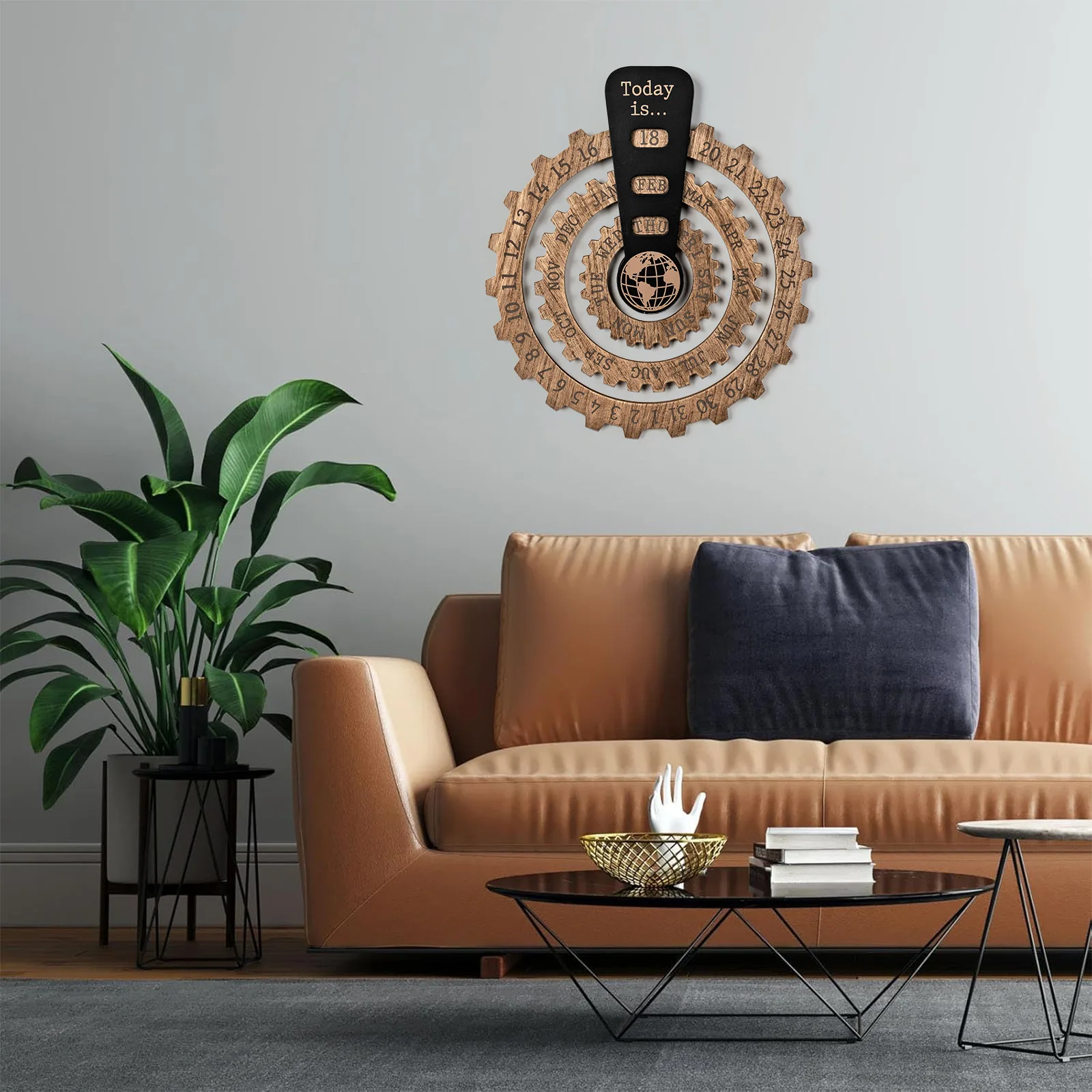Perpetual wall calendar, home wooden creative round globe rotating wall calendar