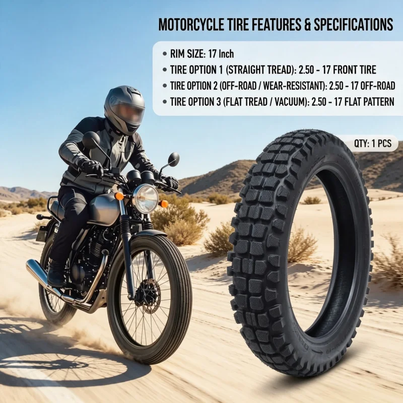 1pcs 2.50-17 Motorcycle Tire 17 Inch Front Wheel Off-Road Knobby Tires Wear-Resistant Classic Ribbed Flat Tread Tubeless Tyre
