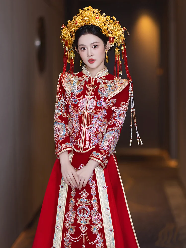 

Ele Chinese Sle Wedding Dr Velvet New 2025 Bride Gown Marriage Ceremony Dr Long Sve Embroidered Stand Collar