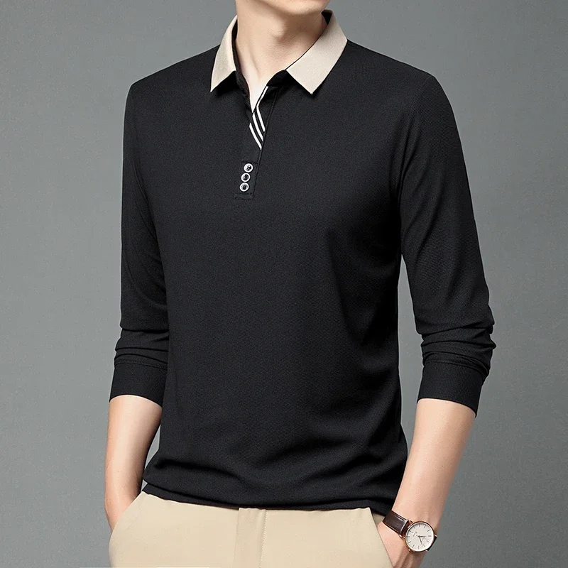 New Men's Business Casual Long Sleeved Shirt Solid Color Polo Shirt Fashionable Breathable Comfortable Versatile Top image 4