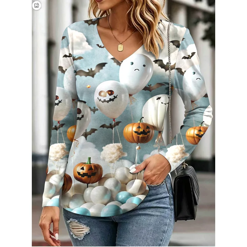A must-have for everyday outfits: women's pumpkin and smiley face printVCollar Long SleeveTComfortable undershirt
