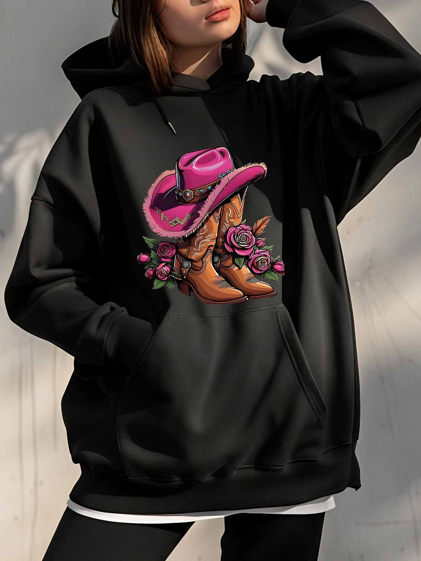 【Cowboy】Sudadera con capucha estampada, corte holgado, estilo occidental, sombrero y botas rosas, traje informal de calle con patrón de rosas para mujer