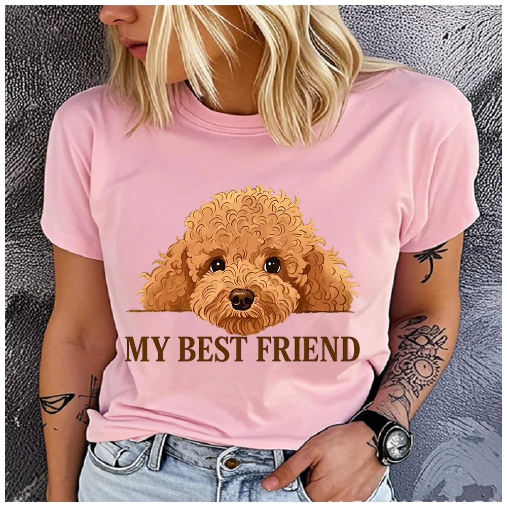Cotton 100% Pet Lover Women Short Sleeve T-Shirt Poodle Dog My Best Friend Graphic Casual Tee