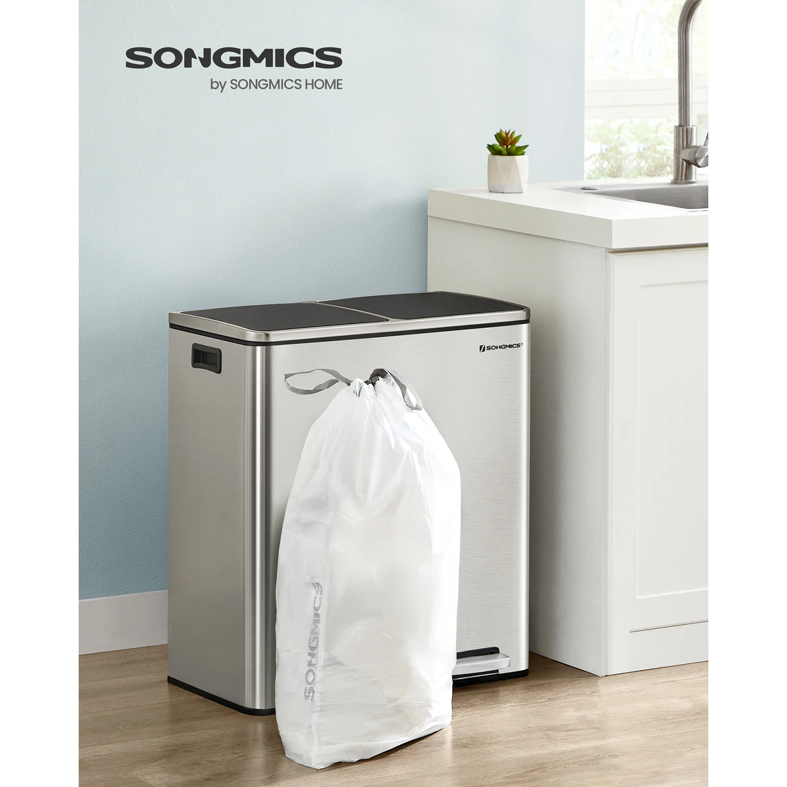 SONGMICS Heavy-Duty Drawstring Bin Bags for 8-Gallon Kitchen Bins, Pre-Separated, Liner Code 30A, 4 Rolls, 180 Pieces, White