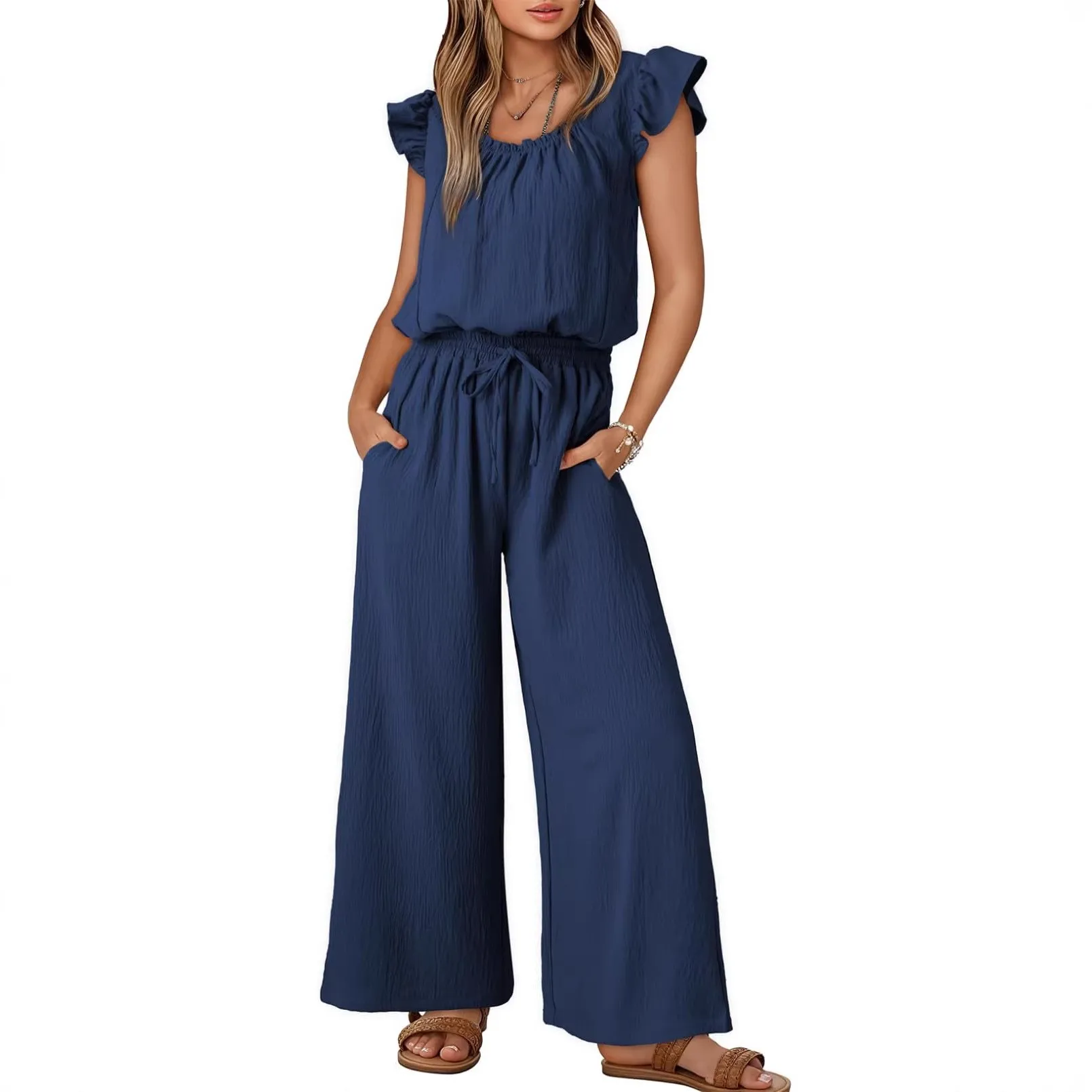Women's Summer Jumpsuit Ruffle Sleeve Cap Sleeve Woven Jumpsuits High Waist Wide Leg Pants Romper Square Neck Solid Color Long