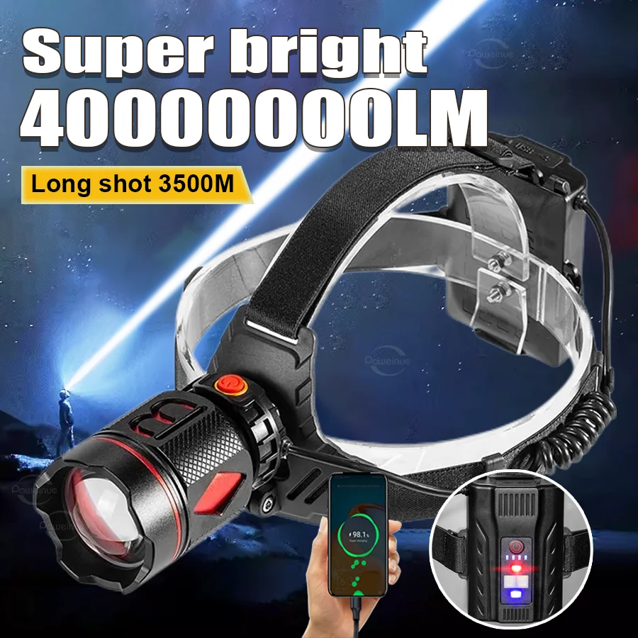 

4000000LM Most Powerful LED Headlamp Super Bright 4km Headlight USB Rechargeable 18650 Head Flashlight Camping Hunting Headlight