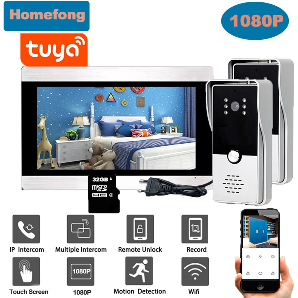 Homefong  1080P Wifi Video Intercom Wireless 7 inch Indoor Monitor Video Door Phone Tuya Smart Mobile Remote Control Unlock Call