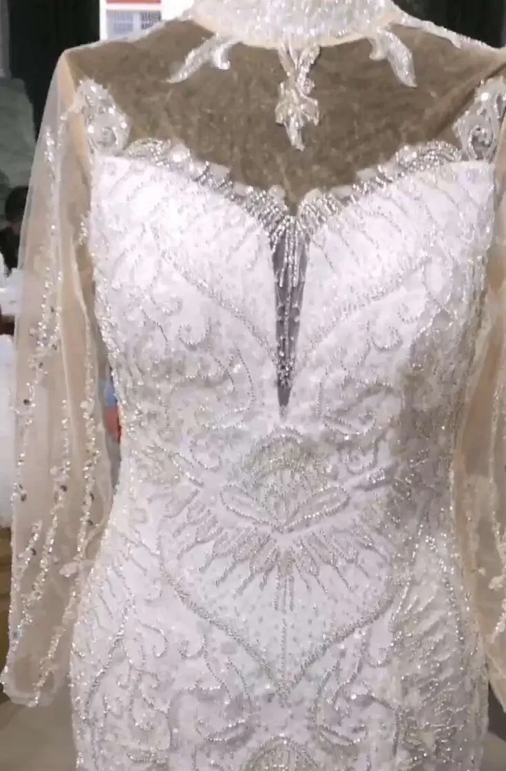 Vestido De novia personalizado con cuentas brillantes y cuello alto, Vestido De novia Sereia De manga larga con corsé en la espalda, sirena Brid