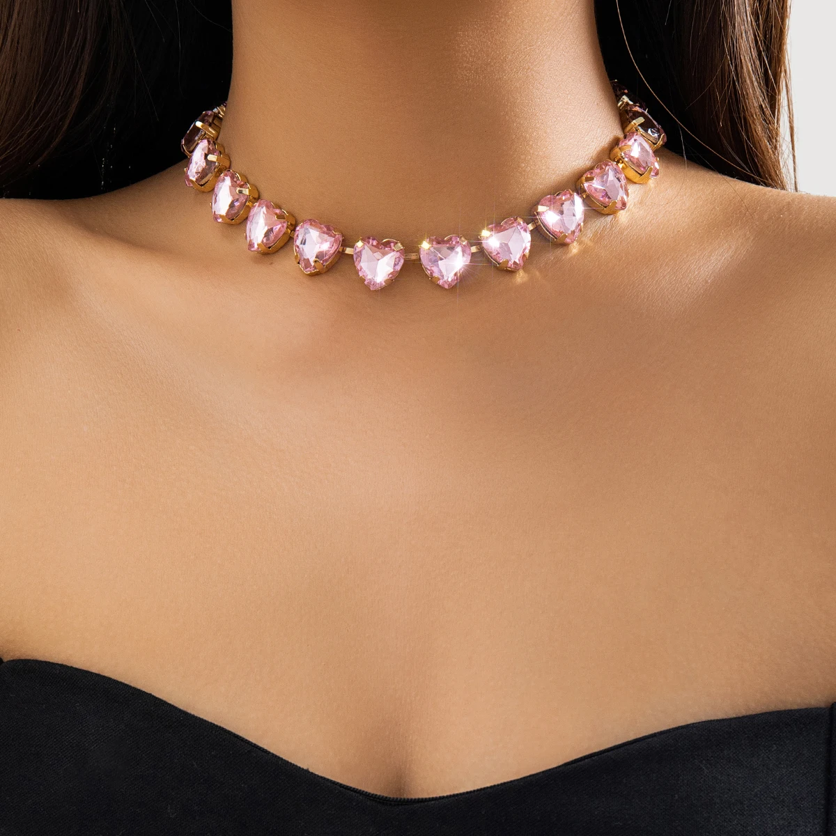 IngeSight.Z Luxury Pink Rhinestone Peach Heart Choker Necklace for Women Korean Fashion Shinny Crystal Short Clavicular Chain