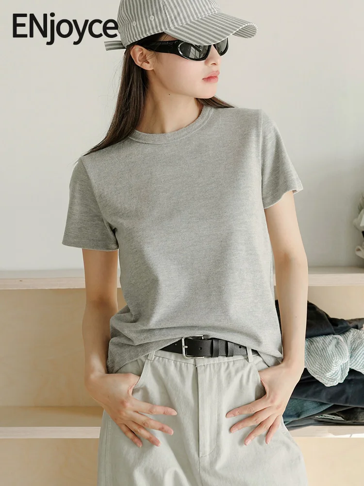 

ENjoyce Women Short Sleeve T-Shirts Korean Fashon Casual Round Neck Ladies Clothes Pullovers Tee Top 2024 Traf Spring Summer