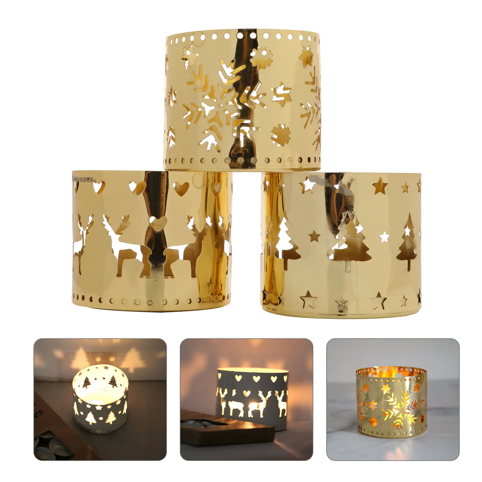 

3Pcs Holder Decorative Iron Hollow Christmas Desktop Decoration for Home Wedding Party Tea Light Stand Festive Atmosphere