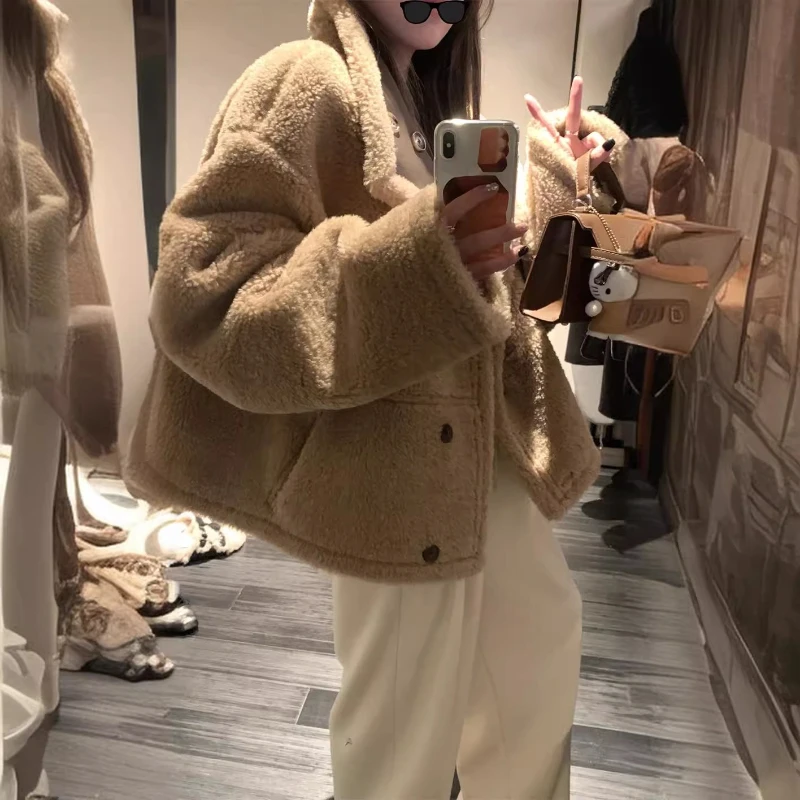

Lapel Short Faux Fur Jackets Solid Leather and Fur Brown Women Furry Jacket Fluffy Warm Thick Plush Coat Faux Lamb Casual Luxury