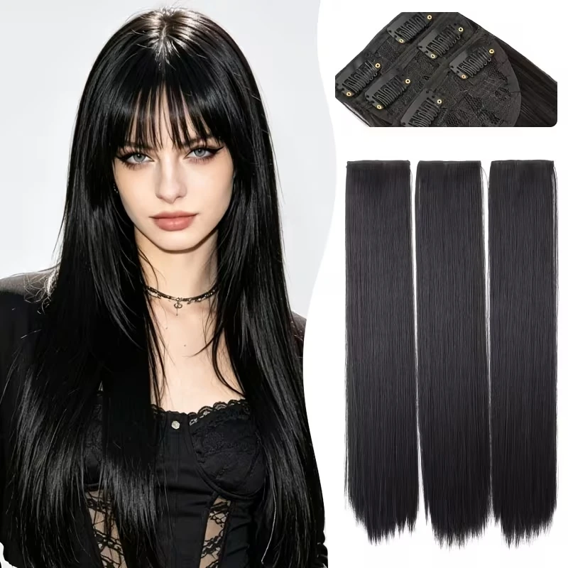 24Inch Synthetic Long Straight 3pcs/set Hair Extension Invisible Hair Thickening Hairpiece for Women Daily Use