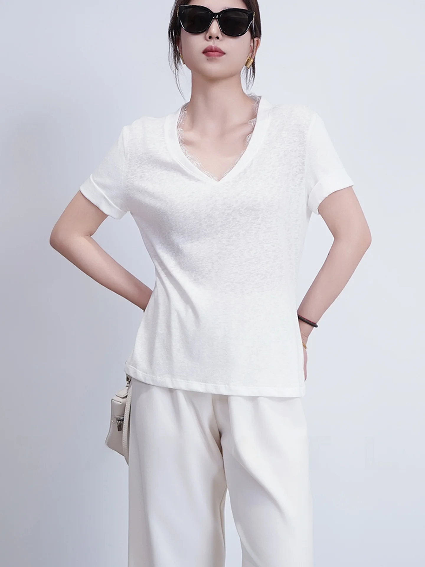 

Tara Lace V-Neck Loose Fit Women's T-Shirt Cotton Polyester Linen Blend Moisture Wicking Short Sleeve Summer Top