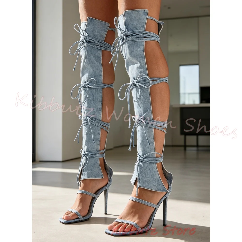 Womens Sandal Boots Lace Up Denim Leather Open Square Toe Stiletto Heel Summer Beach Party Shoes Solid Color Fashion Elegant New view 4