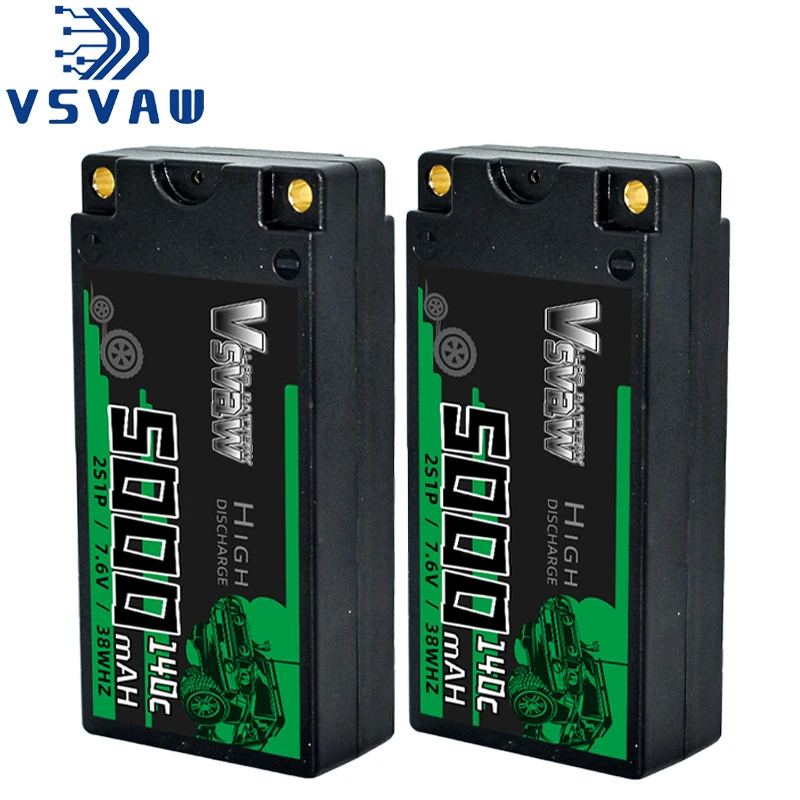 

2 шт. LiPo аккумуляторы VSVAW 2S 5000 мАч 7.6В 140C с 5-мм T-разъемом в жестком корпусе для радиоуправляемых моделей 1/10: багги, трюги, внедорожники, лодки, гоночные автомобили, грузовики, вертолеты