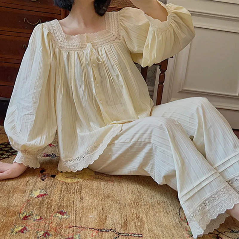 Women Spring 100% Cotton Sleepwear Sweet Lace Square Collar Full Sleeves Pajamas Loose Design Two-Pieces Pyjamas Long Pants PYJS