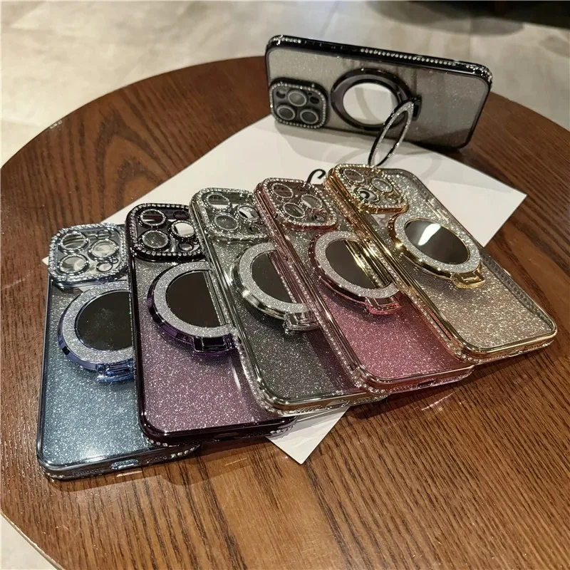Luksusowa obudowa z powłoką galwaniczną, lustrem, uchwytem i diamentową ramką do iPhone 16E Pro Max, pasuje również do iPhone 11 12 13 14 15 16 Plus 17 Air Cover — zdjęcie produktu 5