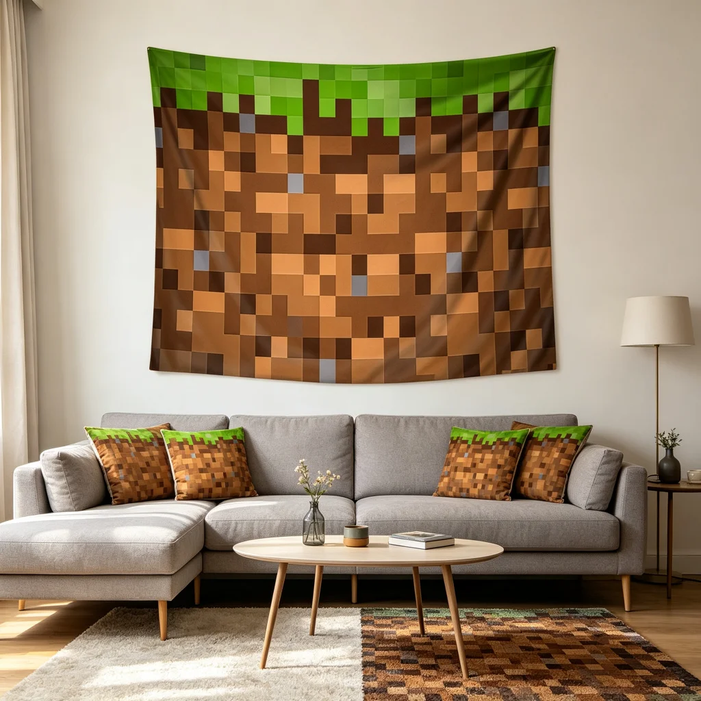 1PC Pixel Grass Dirt Block Art Print Backdrop Banner, Bedroom Living Room Photo Background, Polyester, Home Decor, Wall Art