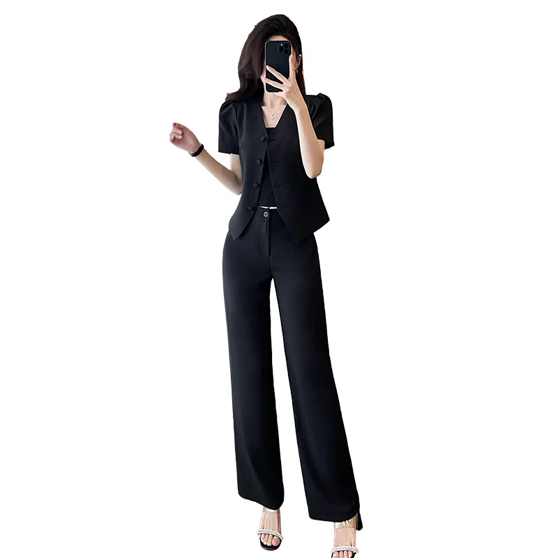 Woman's Elegant Blazer Suits Sets Short Sleeve Jacket Elastic Waist Flare Pants Solid Outfit Summer Fashion New 2 Pcs