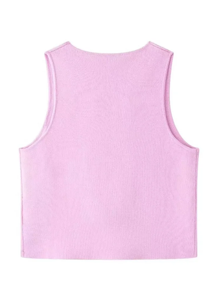 Casual Knit Pink Crop Vest Women Slim O-neck Sleeveless Double Breasted Waistcoat 2024 Summer Autumn Lady High Street Tank Tops