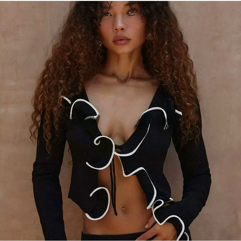 Lente Nieuwe Collectie Dames Amerikaanse Sle Bloemen Trim Splice Kleur Blo Ronde Ne Lange Sve Belted Ort Gebreid Vest