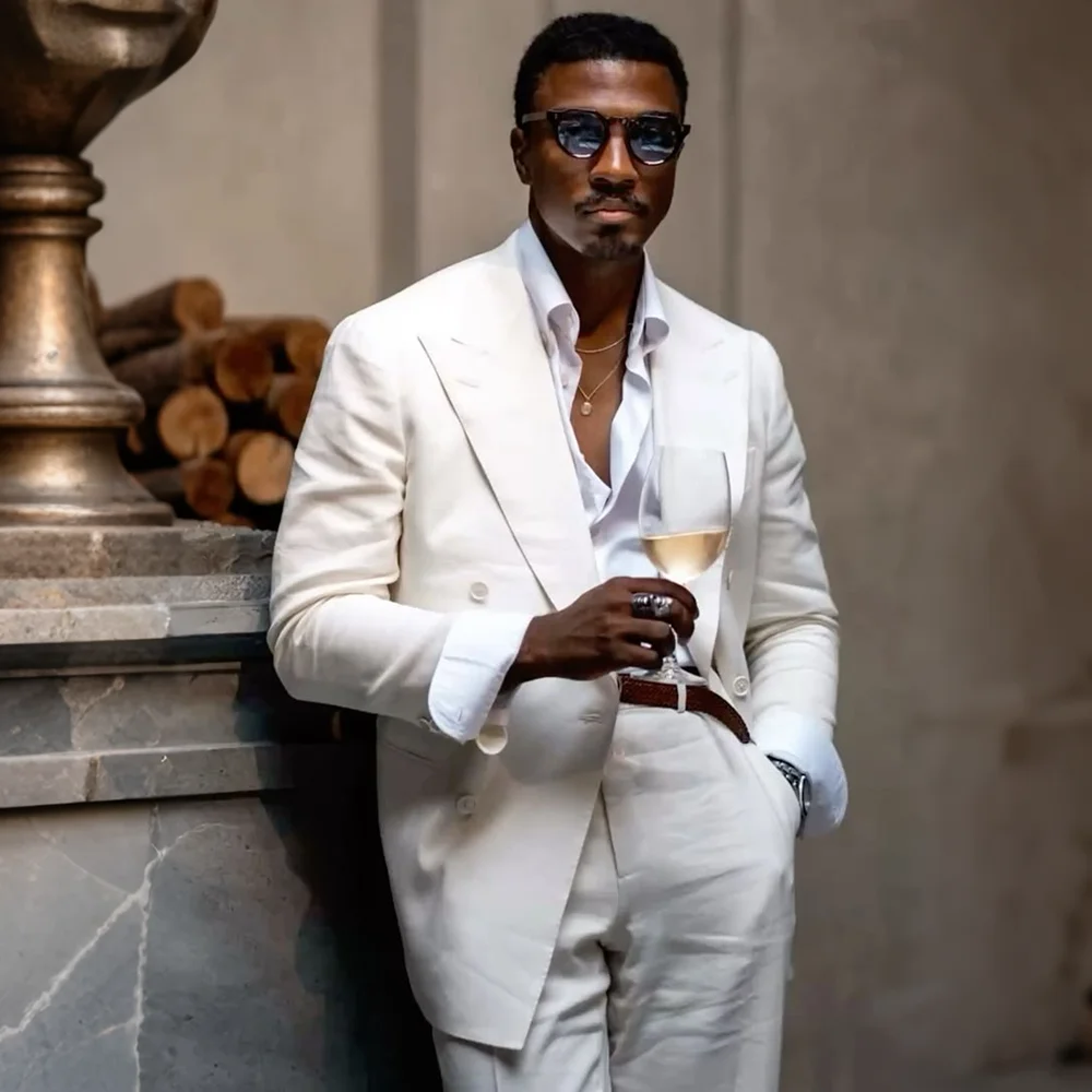 Elegant Men Ivory Linen Suit Casual Summer Beach Wedding Groom Attire Double Breasted Vacation Party Guest Male Outfit