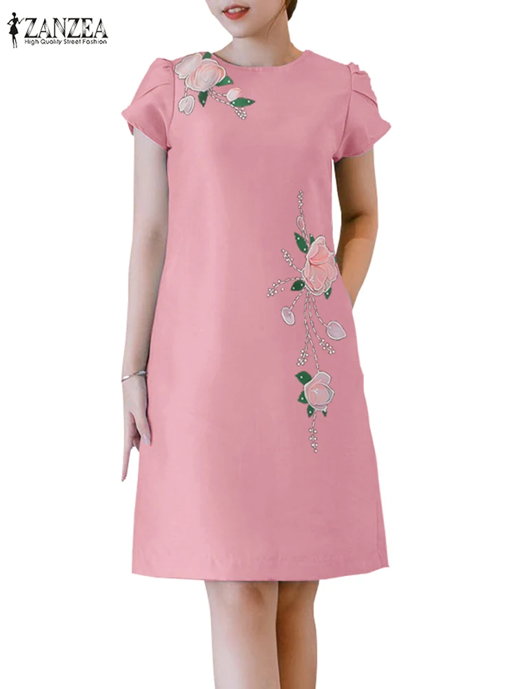 ZANZEA-Robe de Soirée en Satin à Col Rond pour Femme, Tenue Éducative Vintage, Manches Pétales, Longueur aux Genoux, Élégante, Décontractée, Imprimé Floral, Été 2024