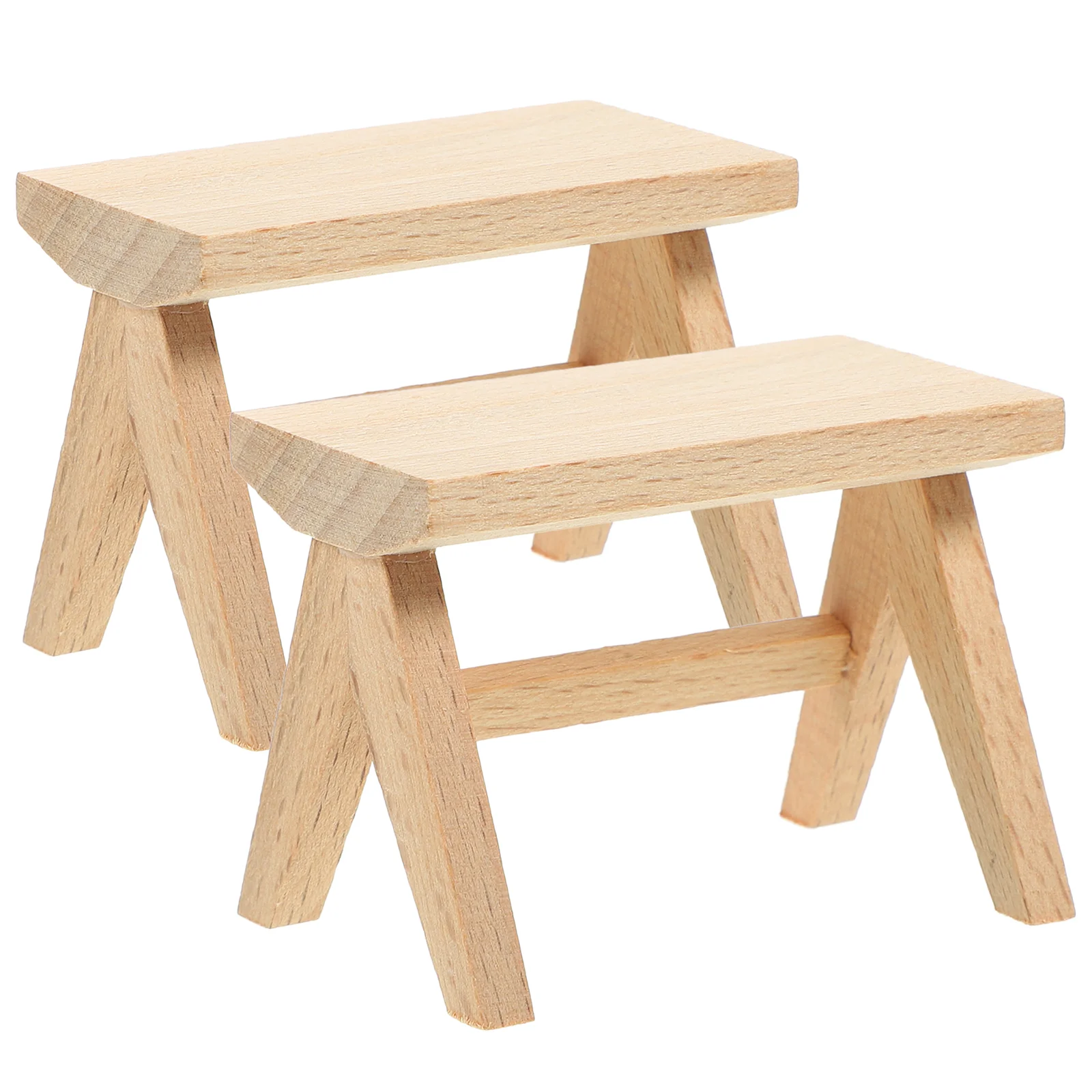 2 Pcs House Mini Bench Model Table and Chair Furniture Ornaments Stool Miniature Wooden Tiny