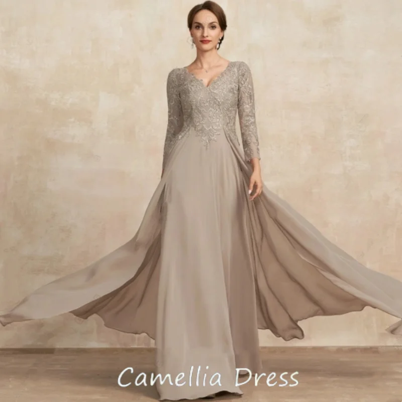 

Chiffon Wedding Party Dresses with Lace Champagne Strapless Mother of Bride Dresses for Women Full Sleeve Robe De Soirée 2024