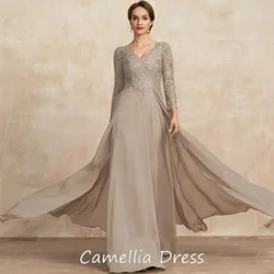 Chiffon Wedding Party Dresses with Lace Champagne Strapless Mother of Bride Dresses for Women Full Sleeve Robe De Soirée 2024