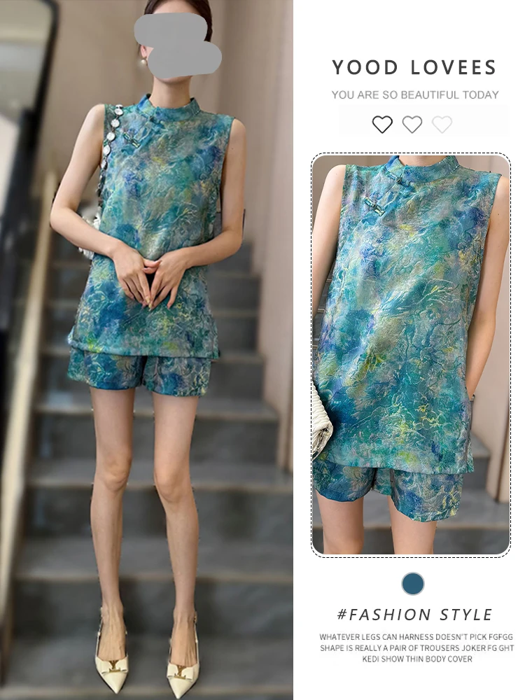 

New Summer 2026 Chinese Style Set Women's Retro National Trend Satin Embroidered Buttonless Sleeveless Top Short Pants