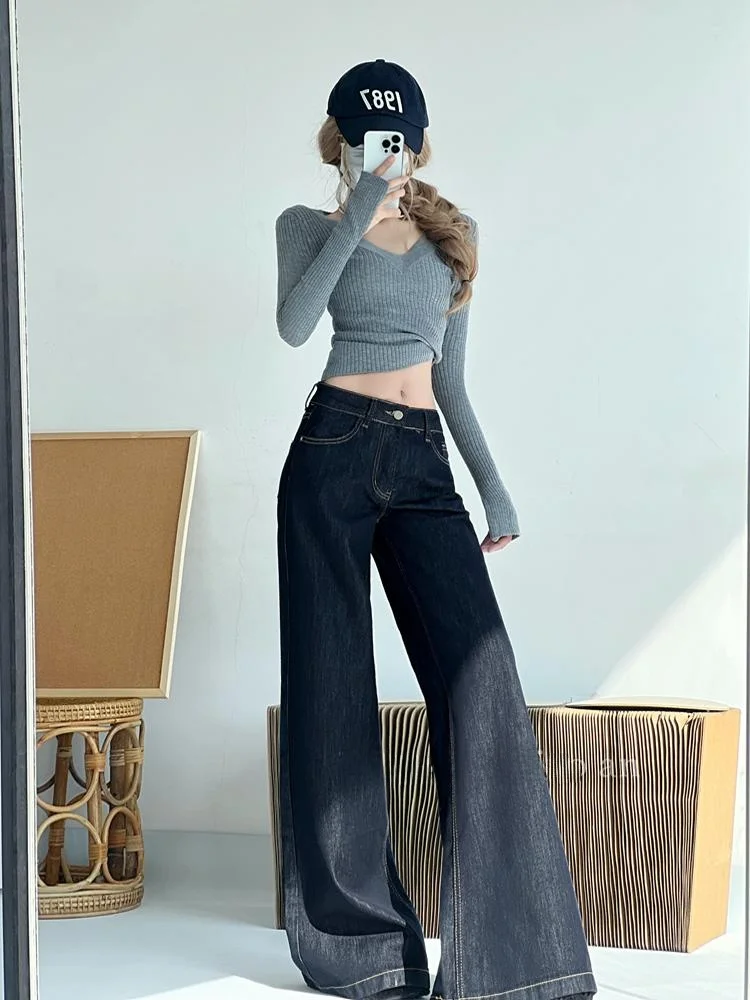 Calça jeans feminina solta, cintura baixa, perna larga, vintage, azul profundo, drapeada, motonável, sino bot