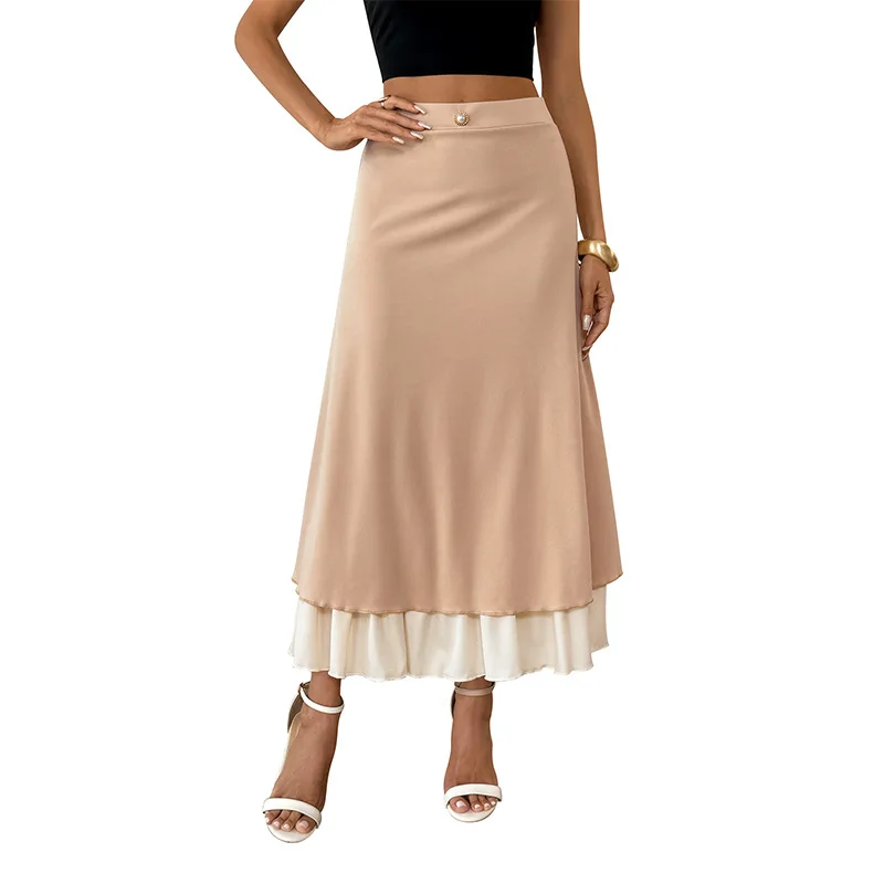 European and American New Commuter A-line Skirt 2025 New Casual Vacation Skirt Button Decoration Layered Half Skirt