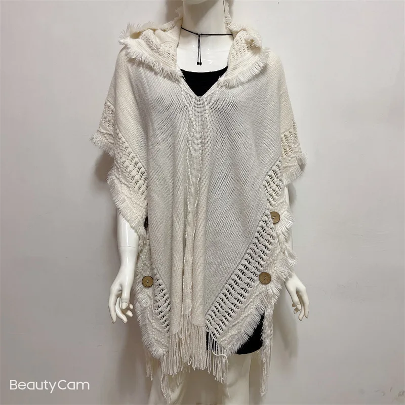 

2023 Autumn and Winter Women's Large-size Cloak Hooded Pullover Sweater Fringe Knitted Cape