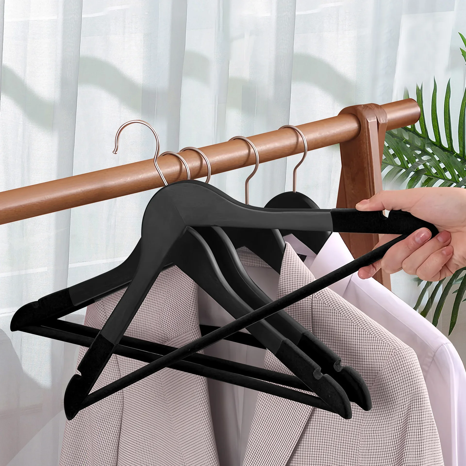5Pcs Black Wooden Hangers Heavy Duty Non Slip Hanger for Coats Jackets Pants Wood Suit Hangers with Bar for Wardrobe Storage