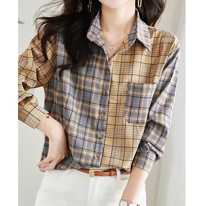 Plaid Printing Blouse Female Spring and Autumn 2023 New Turn-down Collar Patchwork Pockets Long Sleeve Single Breasted Shirt