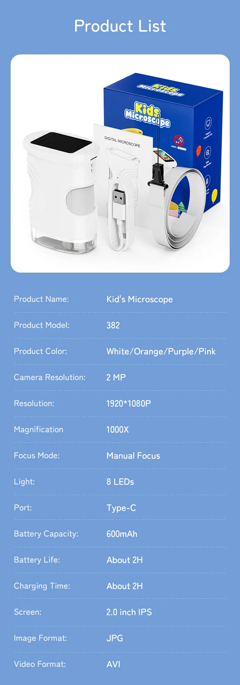 1000X Handmikroskop für Kinder, 2,0-Zoll-Bildschirm, wiederaufladbar, Mini-Taschen-Digitalmikroskope, tragbar, Edu-Geschenk, Kinder, Studenten – Detail 8