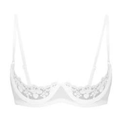 Women See Through Lace Lingerie 1/4 Cups Bare Exposed Breast Underwire Brassiere Adjustable Straps Unlined Push Up Bra Underwear