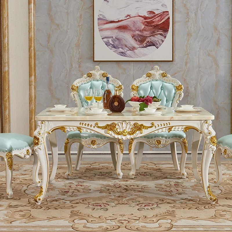 European-style  Solid Wood, Marble Surface, Gold-painted Square Dining Table, Villa Set