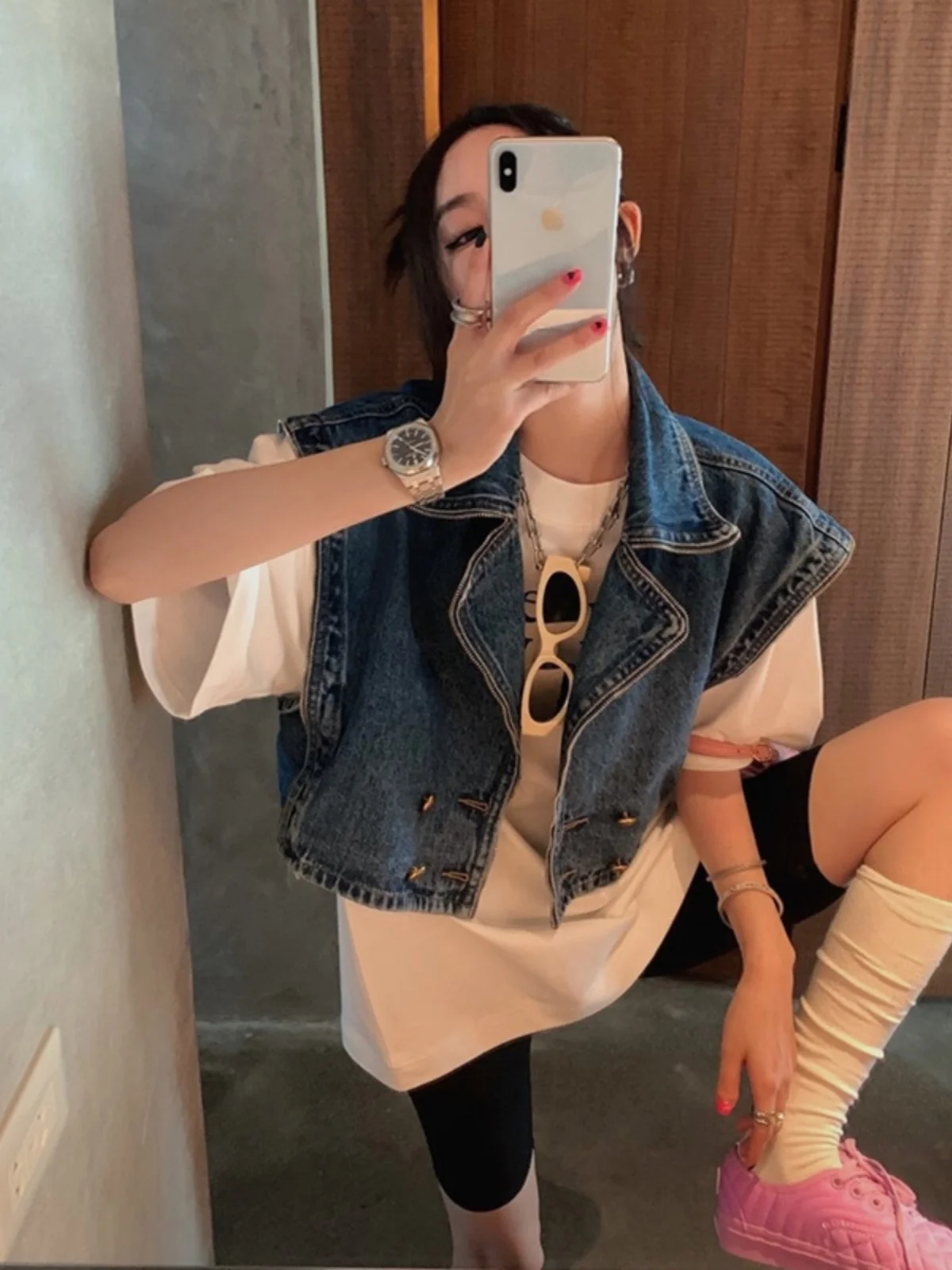 

Loose Fit Zipper Detailing Denim Vest Women's Turn-down Collar ort Jaet Top Casual Versatile Slimming Sle Commute Trend