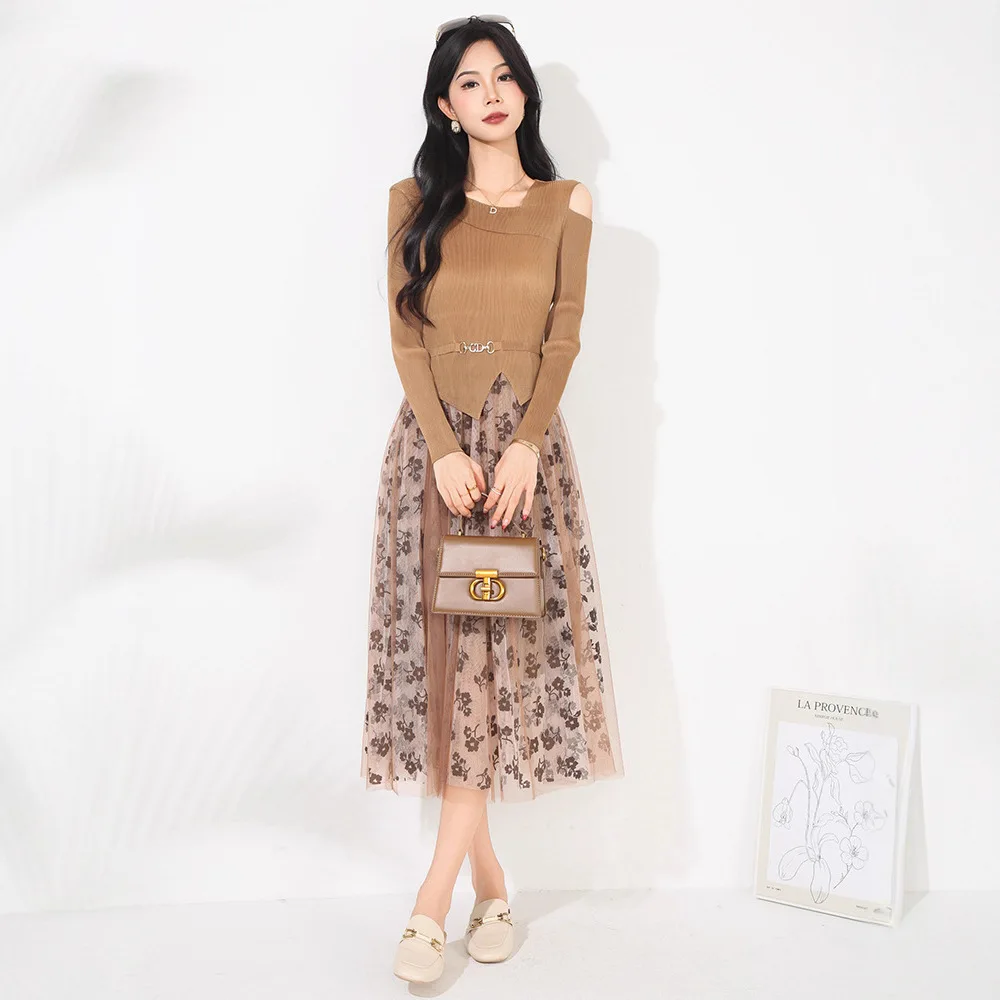 Miyake Plooien Jurk Nieuwe Vrouwen Losse Dunne Hoge Aantal Modellen Gedrapeerde Splicing Lange mouwen Bloemen Mesh Geplooide Jurk