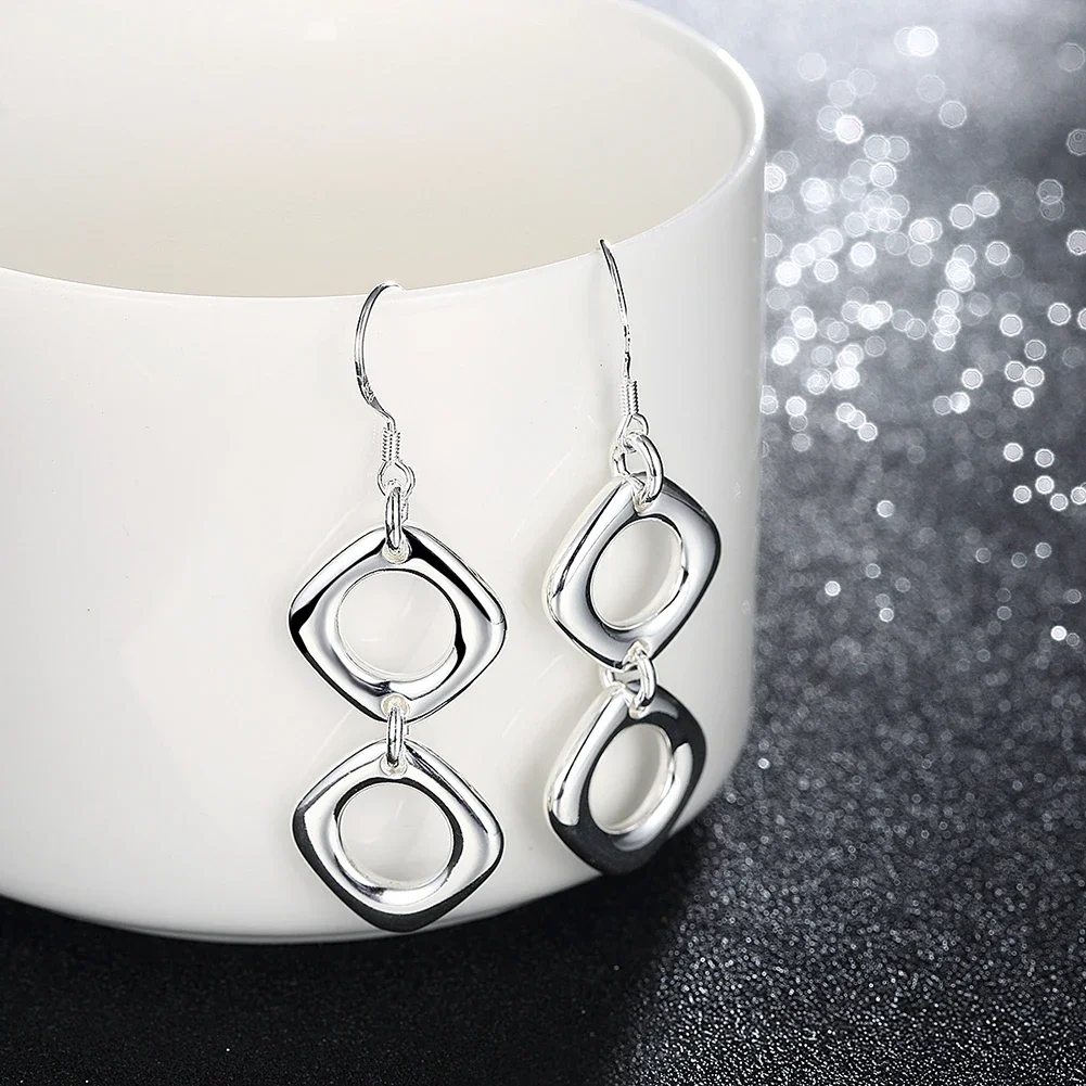 Hot New 925 Sterling Silver Square Pendant Bracelet Necklace Earrings Jewelry Set for Women Fashion Party Christmas Gifts