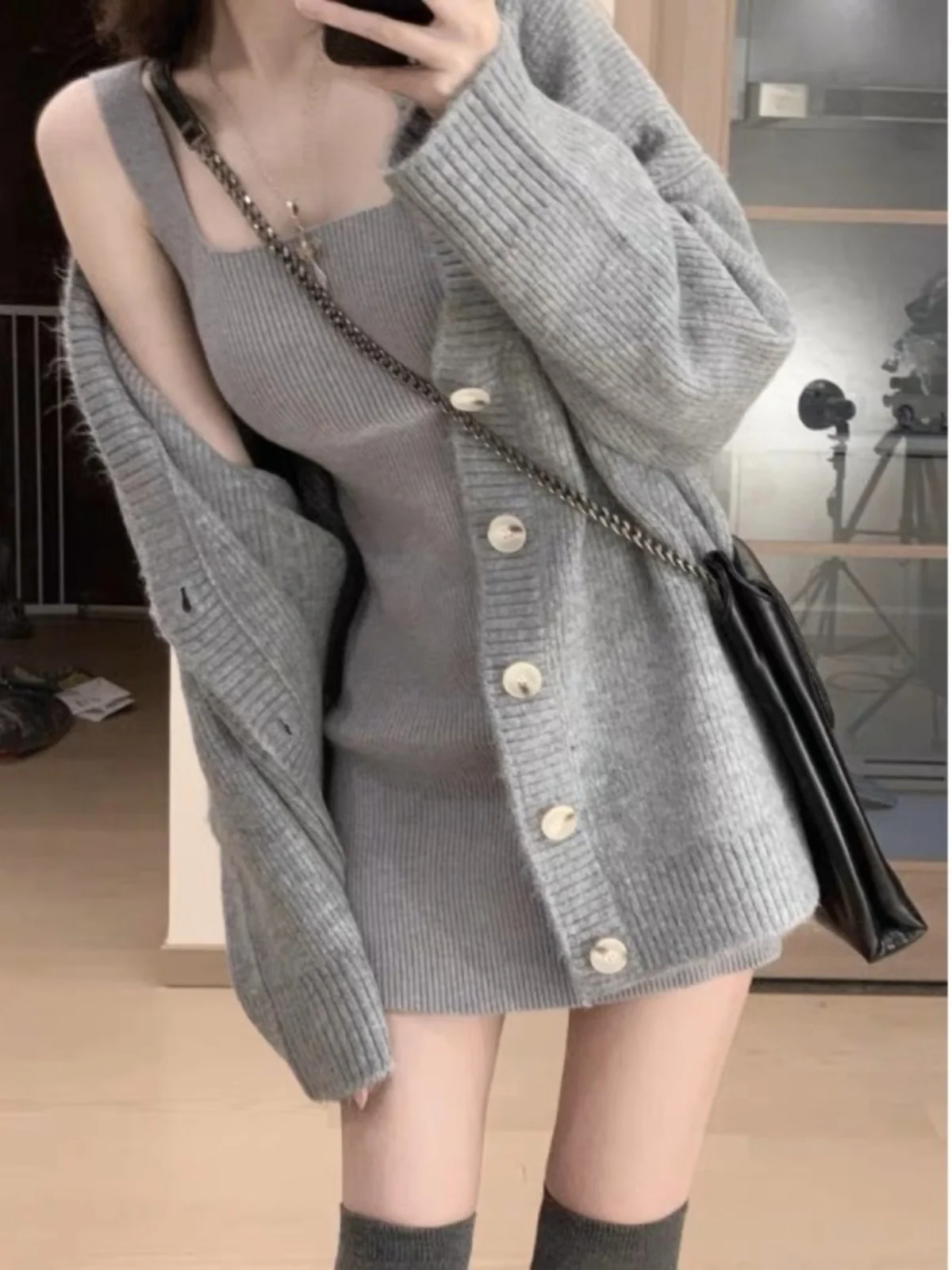 

Ele Knitted Wrap Dr Set Women's Autumn Winter Sle Sweet Wind Long Sve Polyester Viscose Fiber High-Cold Lady Wind