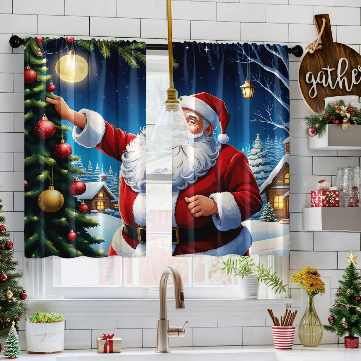 VIKAMA 2PCS Christmas Short Valance Curtains 3D Print Waterproof Oilproof for Kitchen Window Xmas Home Decor