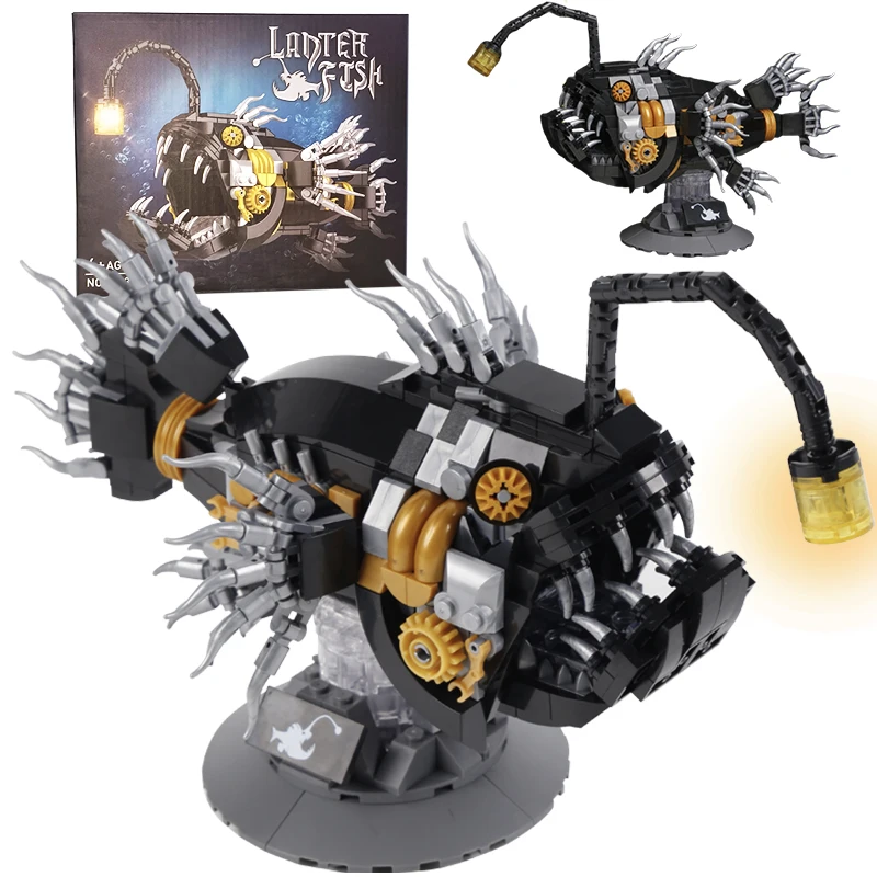 Creative Mechanical lantern Fish Building Blocks Piranha Model With Light Model Assemble Brick Toys For Kid Adult Gifts